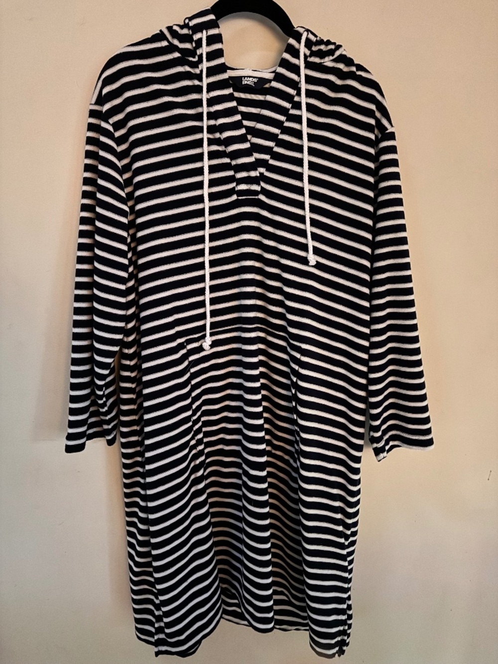 Lands' End Black and White Stripe Swim Coverup Hoodie
